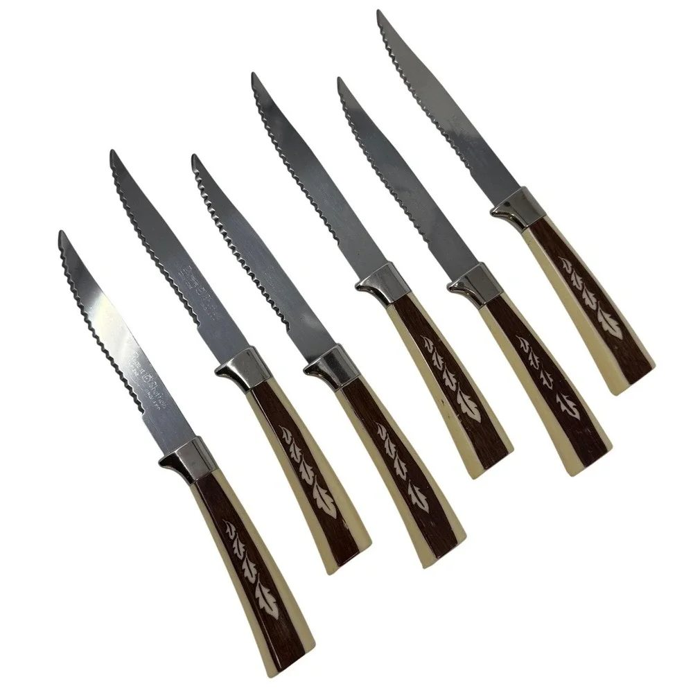 6 VTG Steak Knives REF6 Regent Sheffield Stainless Woodgrain Design Cream Accent